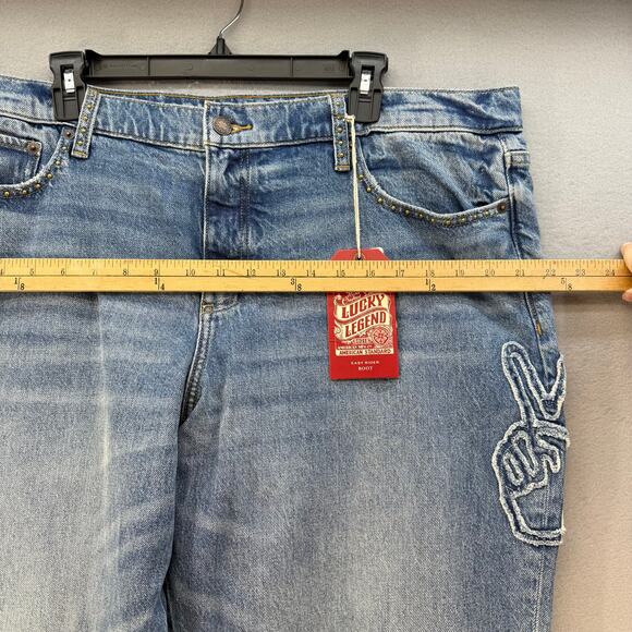 Lucky Legend Jeans Women's 18/34R Blue Easy Rider Boot Peace Sign Patch NWT - Picture 12 of 16
